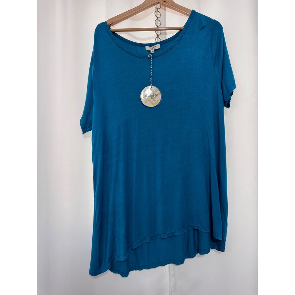 Hayden Los Angeles Teal Blue Fringe Back High Low Tunic Top XL NWT